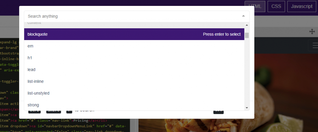 Bootstrap 4 Editor snippet feature